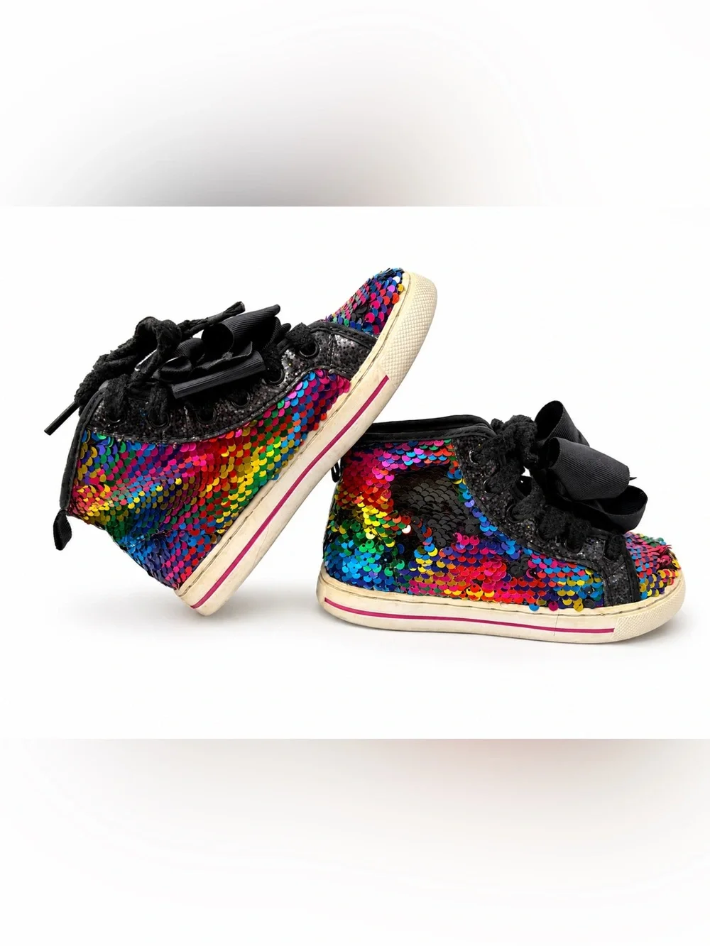 Justice Rainbow Sequin High Top Sneakers Girls Bow Ribbon MultiColor Glitter 12